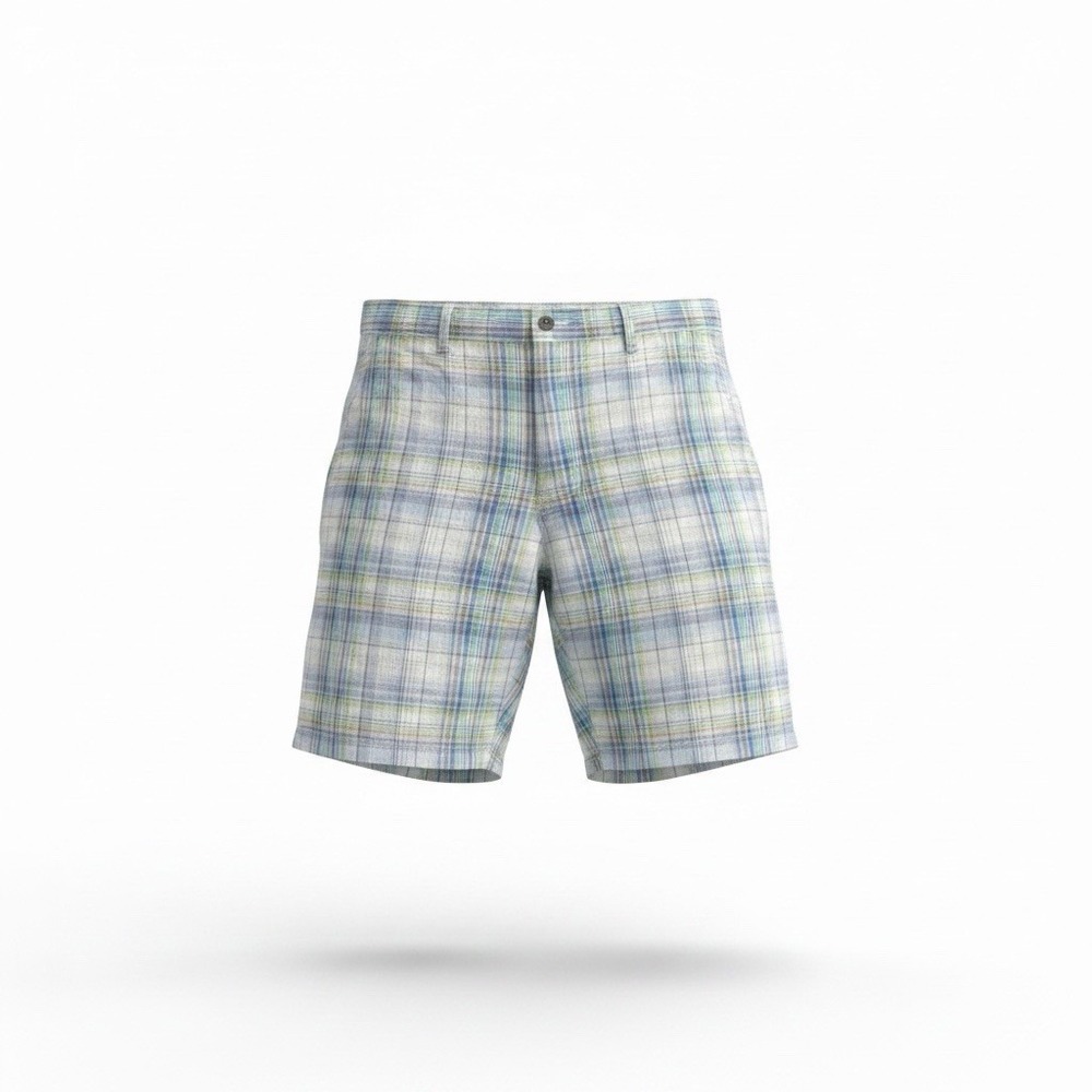 Tommy Bahama Mens Linen Reversible Shorts Blue Plaid Floral Flat Front Size 38